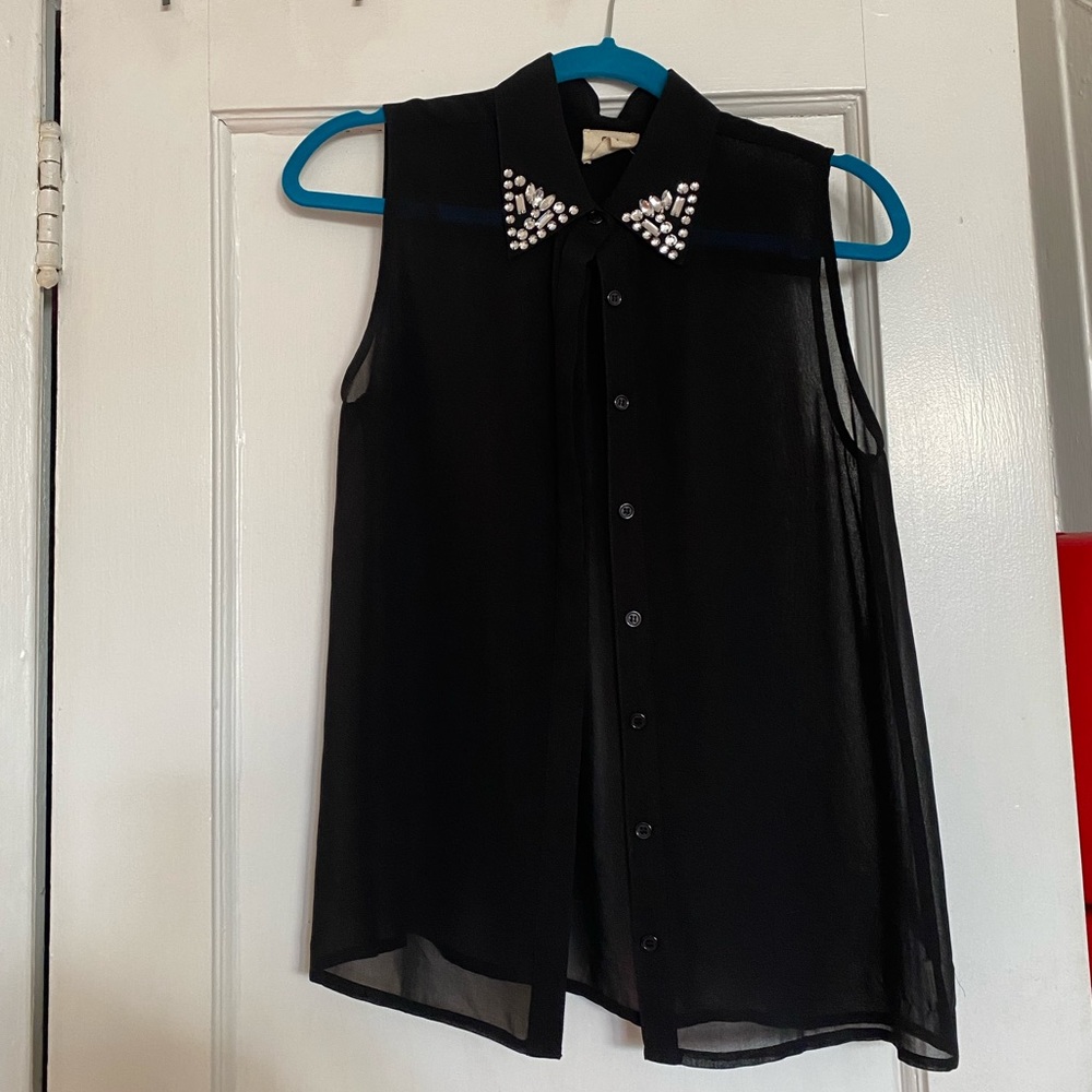 Pins and Needles Black Sheer Top with Jeweled Collar Medium